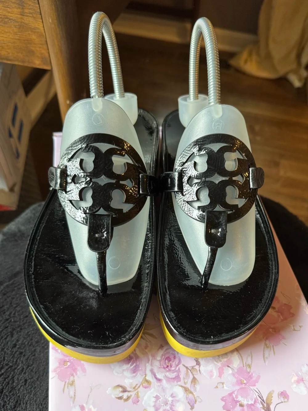 Tory Burch Miller Cloud Lug Sandal Black Patent Leather Logo Cutout platform